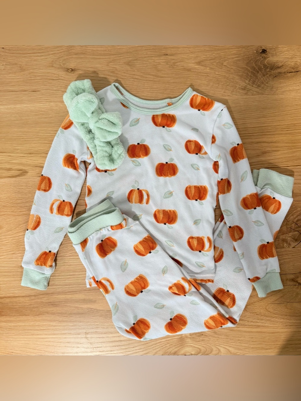 Pumpkin Print Kid's Pajama Set with Mint Trim